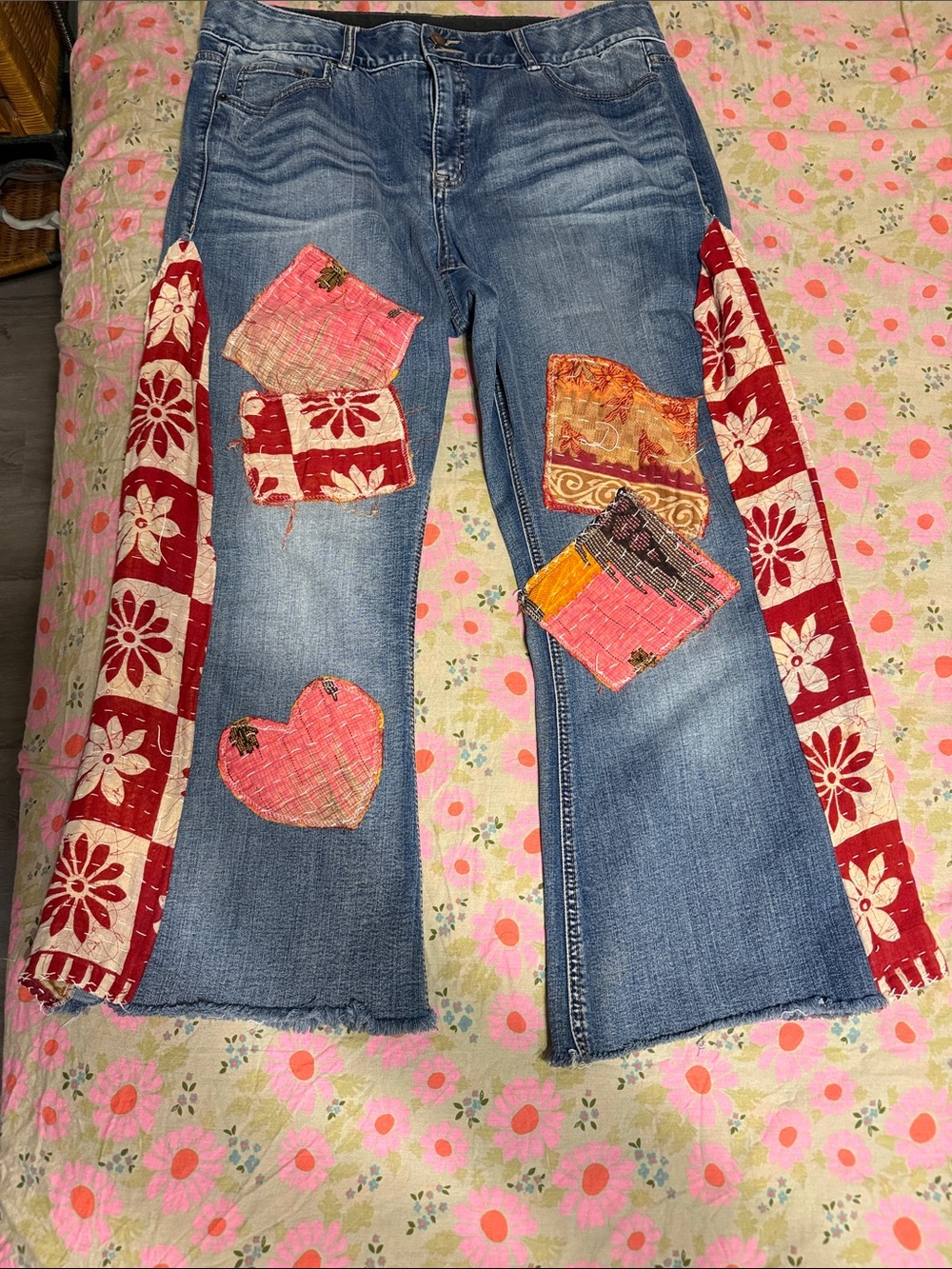 Lane Bryant Blue Denim Flare Jeans with Pink & Red Patchwork-Upcycled